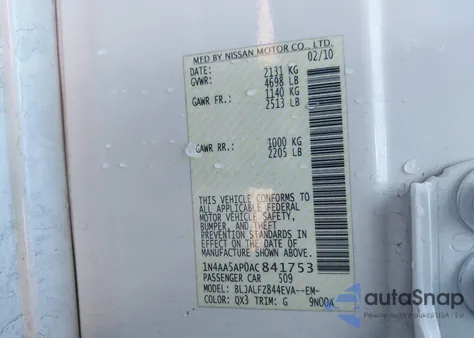 2010 Nissan Maxima 3.5 Sv z USA, uszkodzony, nr VIN 1N4AA5AP0AC841753